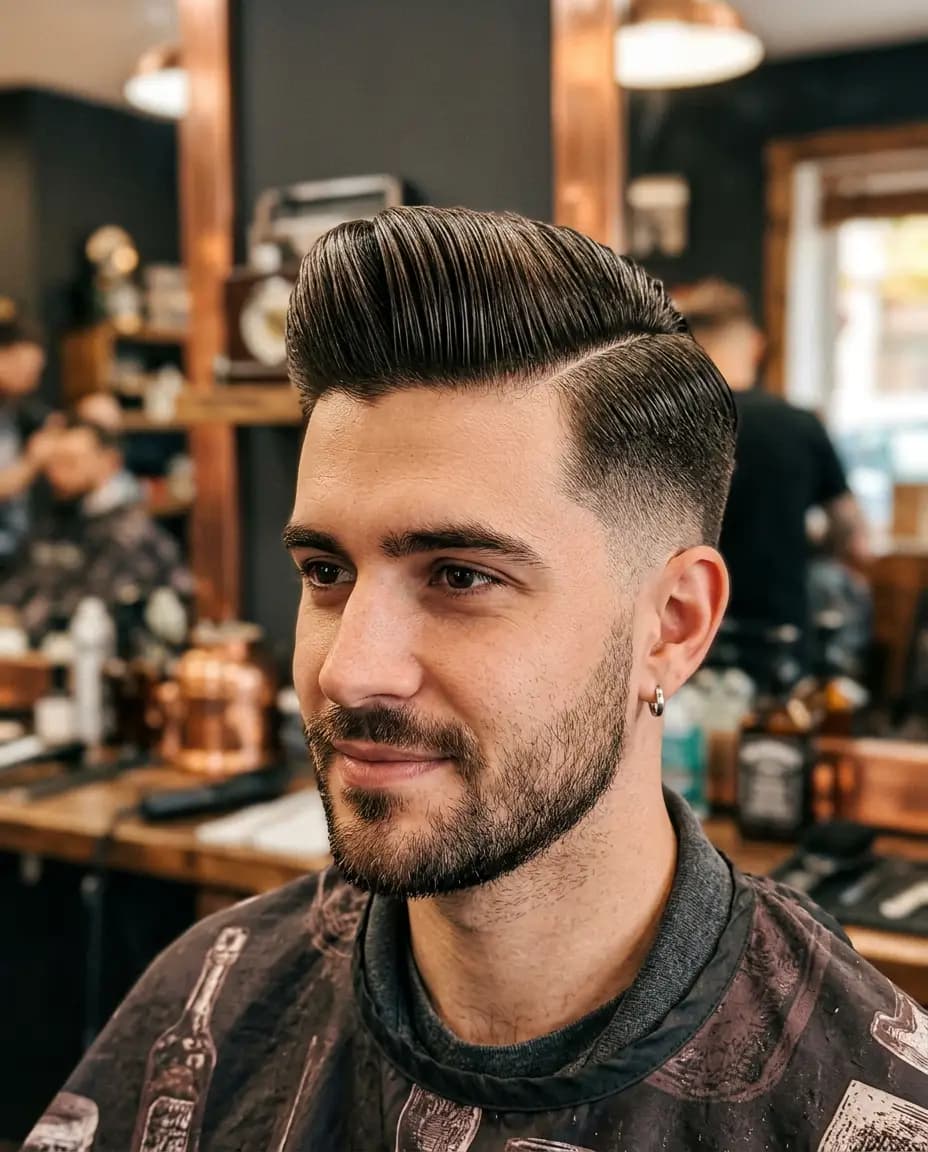 Coupe quiff terminée dans le miroir ambiancé du salon